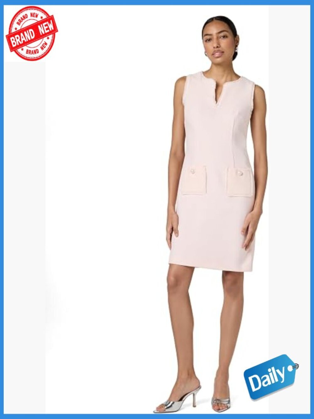 Tweed Shift Dress with Pockets V-Neck Sleeveless